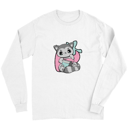 Raccoon Pet Drinking Bubble Tea And Boba With Strawberry Milk Long Sleeves