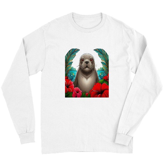 Cartoon Tattoo Art Of Hawaiian Monk Seals With Hibiscus Long Sleeves