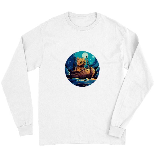 Cute Yorkie Sailor Crossing Lonely Sea Sailboat Night Sky Long Sleeves