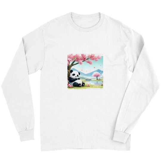 Panda Pet Sleeping Under A Tree With Falling Petals Serene Pond Long Sleeves