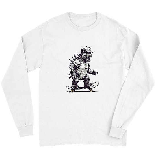 Cute Japanese Monster Kaiju On A Skateboard Long Sleeves