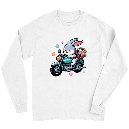 Bunny Carrying Easter Eggs Basket On Motorcycle Hunting Eggs Long Sleeves