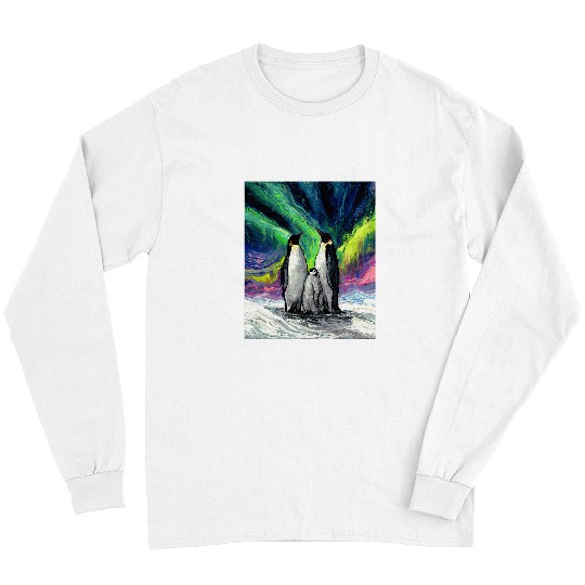 Penguin Pet Family Northern Lights Winter Animal Art by Aja Long Sleeves