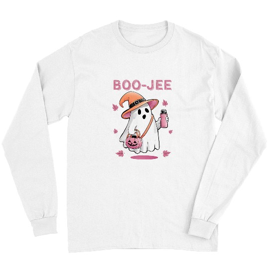 Coffee Fun Boo Jee ghosts Drinking Coffee Spooky Pink Funny Halloween Long Sleeves