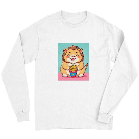 Lion Pet Chubby Fat Lion French Fries Lover Funny Animal Design Print Long Sleeves
