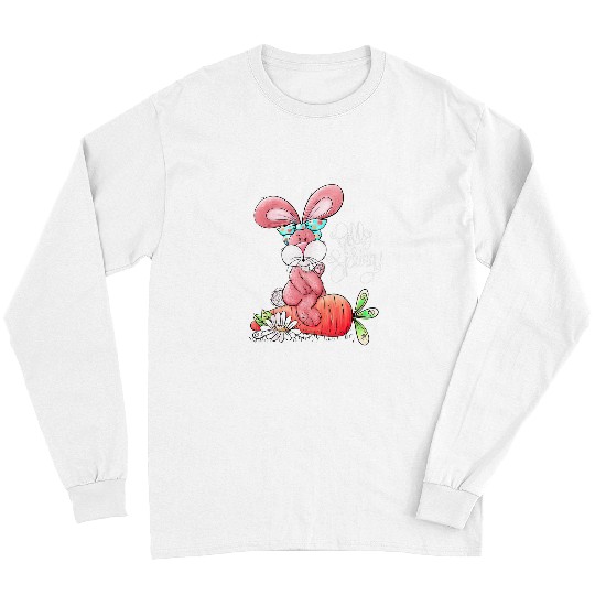 Hello Spring Easter Bunny Rabbit Messy Bun Carrot Easter Day Long Sleeves