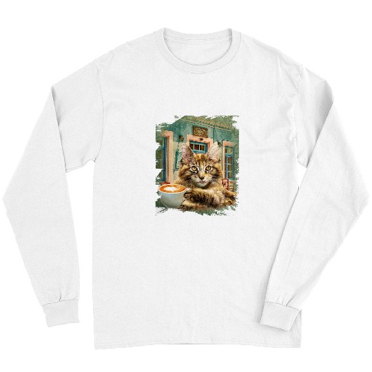 Coffee Fun Maine Coon Cat With Coffee Long Sleeves