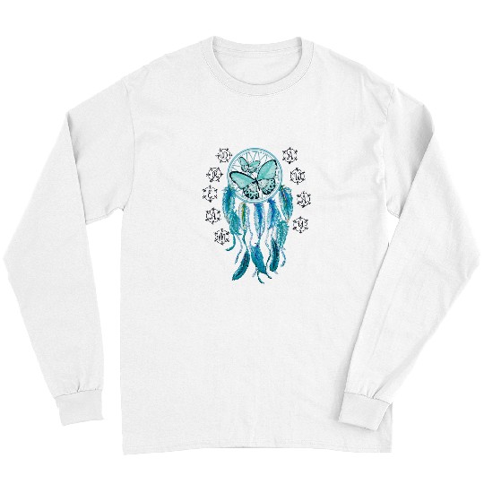 Dreamcatcher Boho Blue Butterfly Graphic Feathers Dream Away Long Sleeves