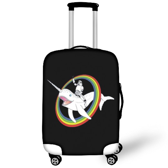 Spaceman riding narwhal through rainbow Luggage Covers