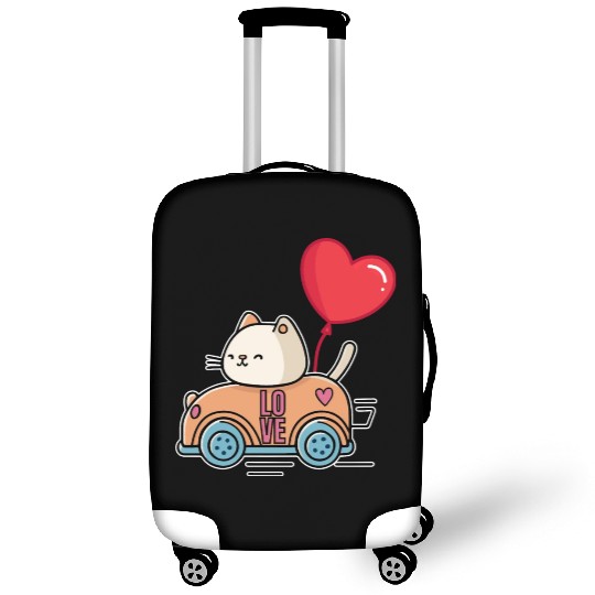 Cute cat in the love car, and love balloon - white Luggage Covers