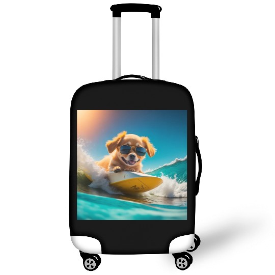 A cute hyper golden dog surfing in the sea Luggage Covers