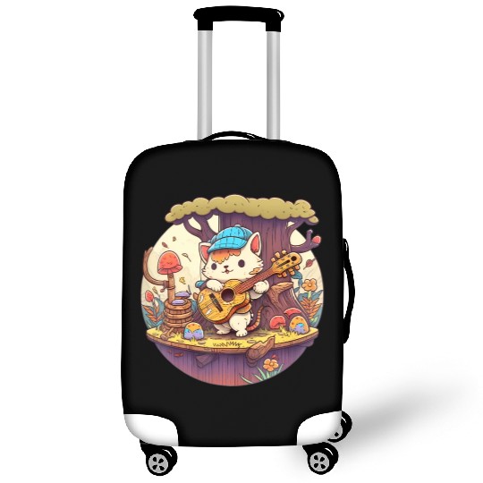 Cute Kawaii Cat Playing Guitar Banjo On Log Luggage Covers