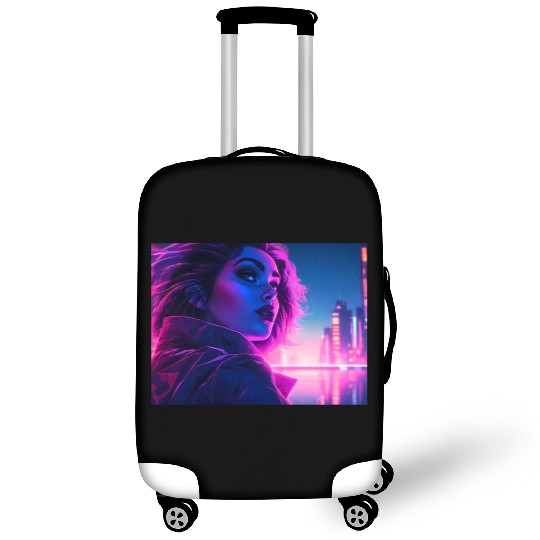 Synthwave girl in front of a neon light city Luggage Covers