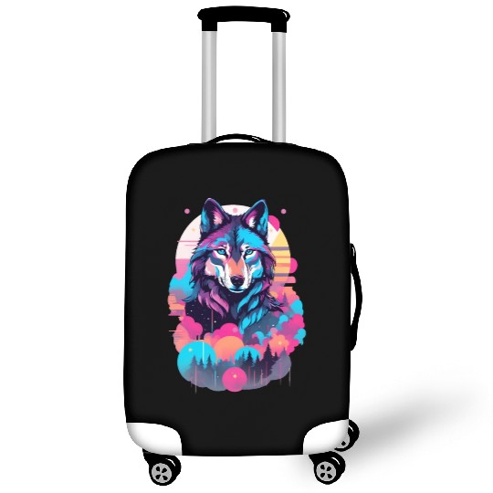 Vaporwave Wolf Luggage Covers - Neon Blue Eyes
