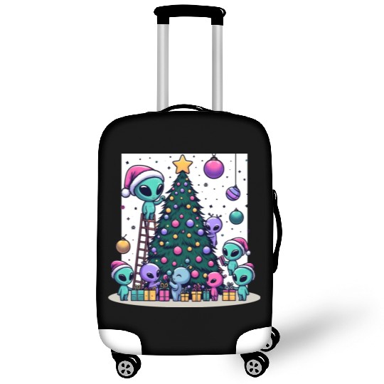 Aliens decorate Christmas tree Luggage Covers