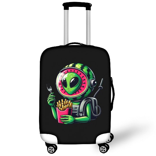 Alien with watermelon helmet eats fries Luggage Covers