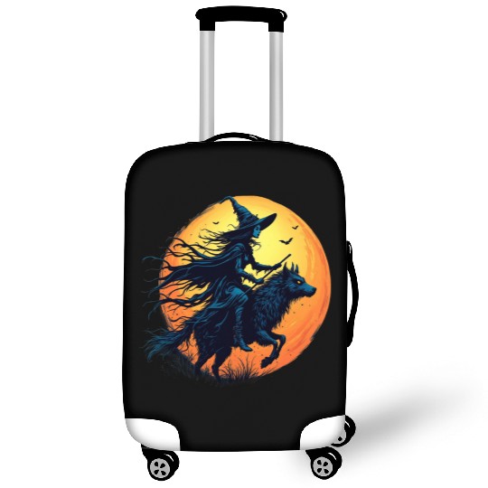 Halloween Witch Riding a Wolf Under Full Moon Luggage Covers