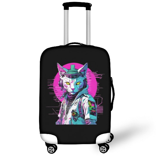 Neon Cyberpunk Warrior Cat Luggage Covers