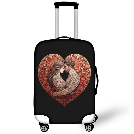 Romantic Couple Embracing in Floral Valentine Hear Luggage Covers