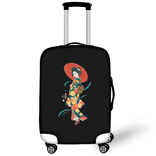 Elegant Geisha with Red Parasol and Floral Kimono Luggage Covers