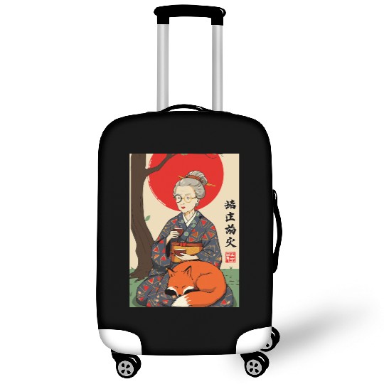 Older japanese mom sippin tea sitting with red fox Luggage Covers