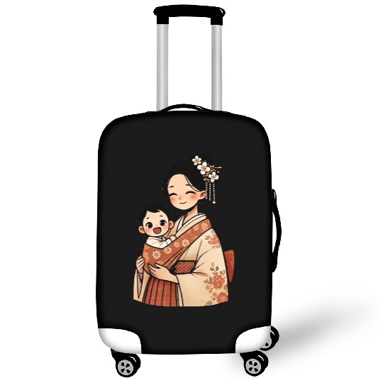 Elegant Asian Woman in Kimono Holding Baby Luggage Covers