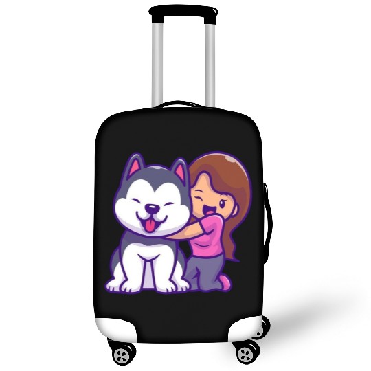 Cute Girl Hugging Playful Husky Design Luggage Covers