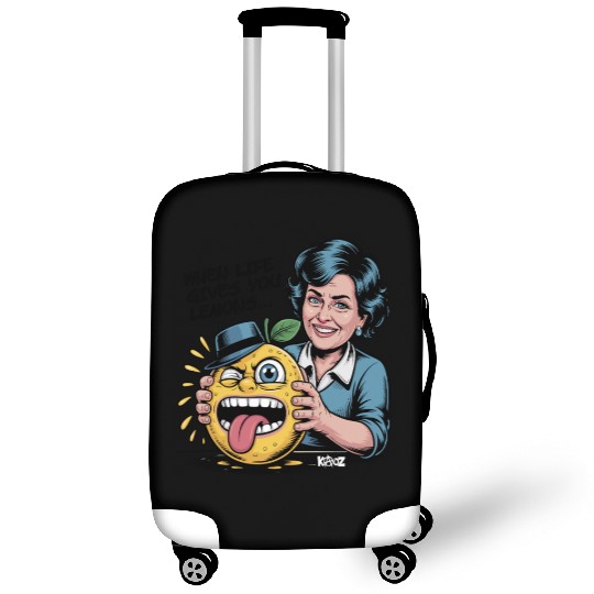 Smiling woman holding sour lemon cartoon face Luggage Covers
