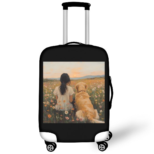 Serene Sunset with Girl and Dog Artwork Luggage Covers