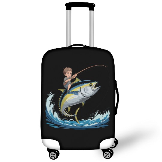 Joyful young boy rides massive jumping tuna Luggage Covers