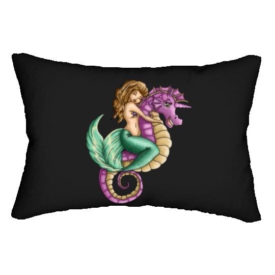 Little mermaid and cute seahorse lovely friendship Lumbar Pillows