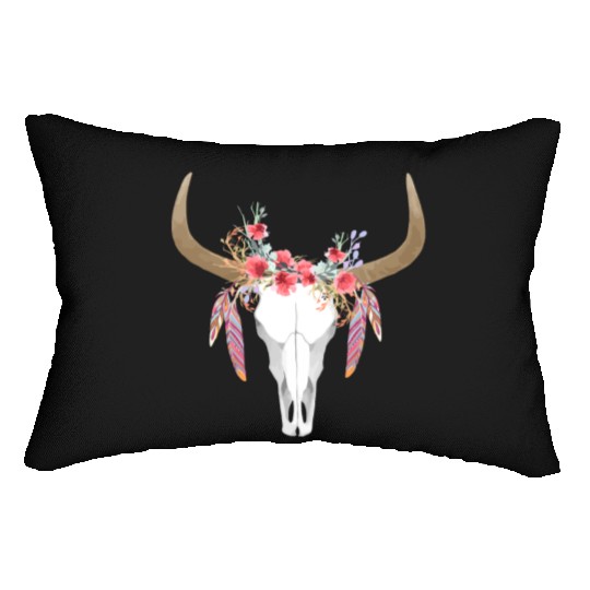 Floral Cow Skull With Feathers Bull Skull Lumbar Pillows