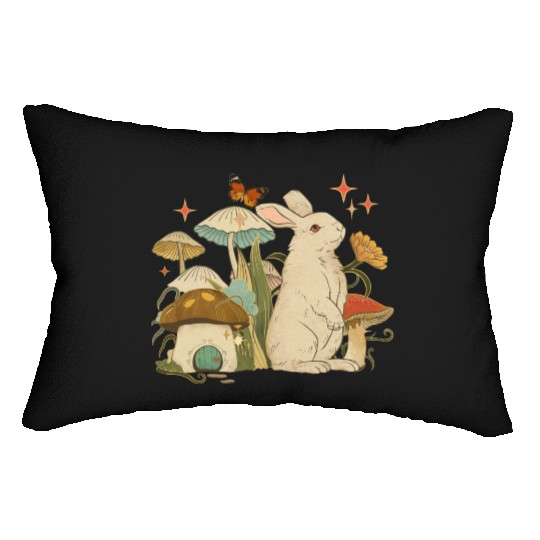 Cottagecore with bunny, mushrooms and butterfly Lumbar Pillows