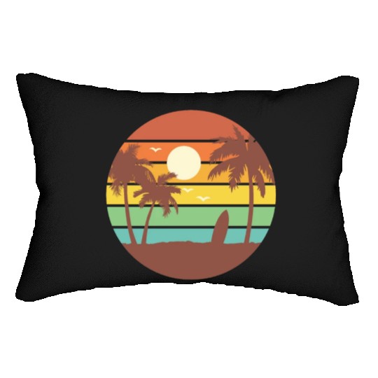 Surfing Retro Sunset , Beach, Palm Trees, Vacation Lumbar Pillows