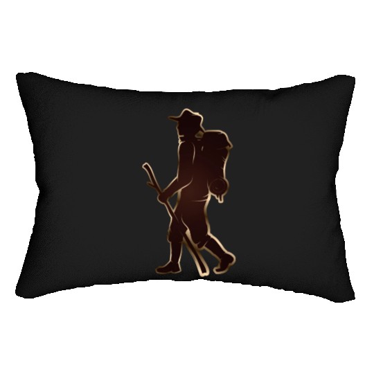 Pilgrims or hikers with walking stick & backpack Lumbar Pillows