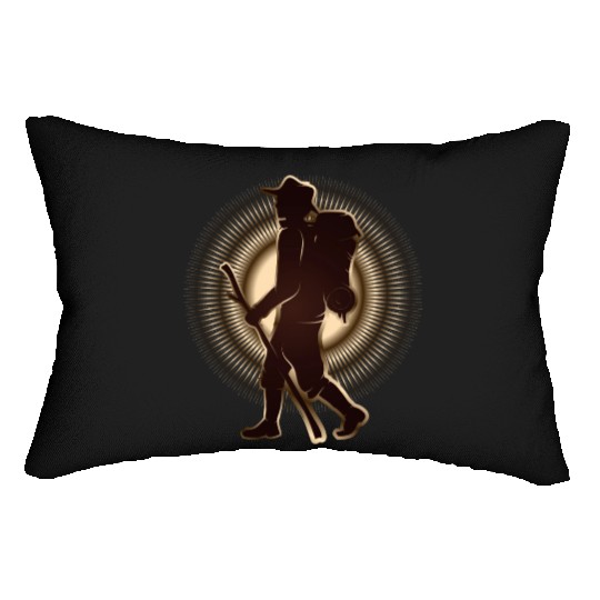 Pilgrims or hikers with walking stick & backpack Lumbar Pillows