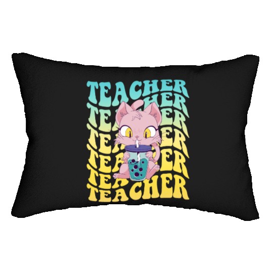 Boba Tea Teacher Kawaii Cat Groovy Back To School Lumbar Pillows