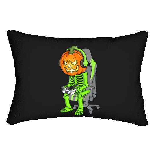 Gaming Halloween Skeleton Jack O Lantern Gamer Boy Lumbar Pillows
