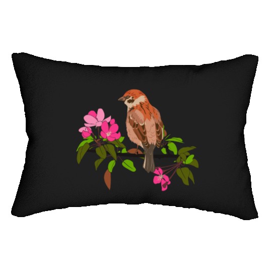 Sparrow on a branch pink flowers of an apple tree Lumbar Pillows