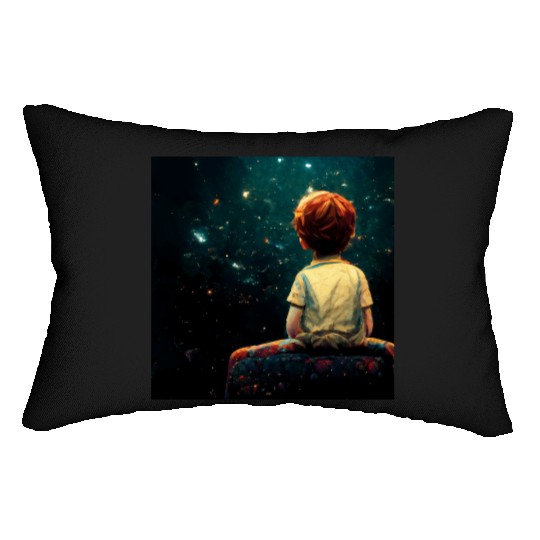 Little boy sitting on the Edge of the Universe Lumbar Pillows