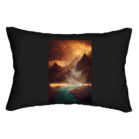 Mountains on a river mystery painting Lumbar Pillows
