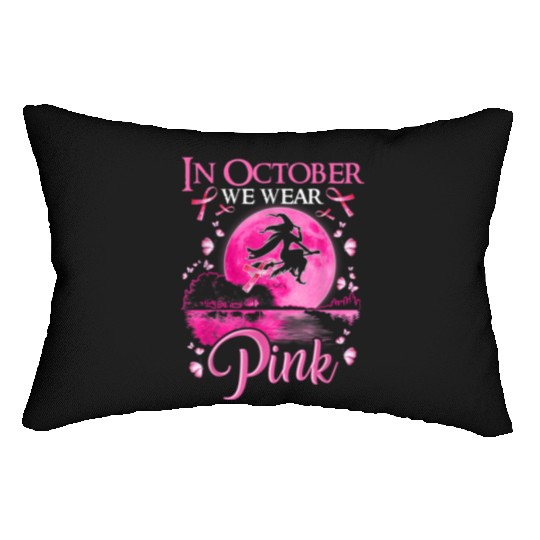In October We Wear Pink Ribbon Witch Halloween Lumbar Pillows