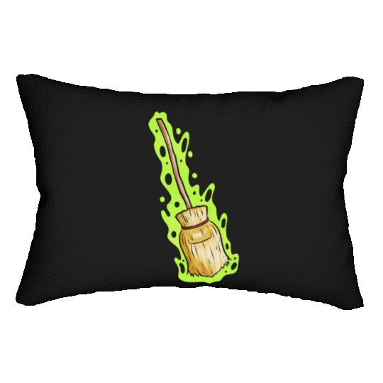 Magic Witch Broom With Green Shimmer Halloween Lumbar Pillows