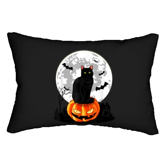 Black Cat On Pumpkin Lumbar Pillows Full Moon Halloween