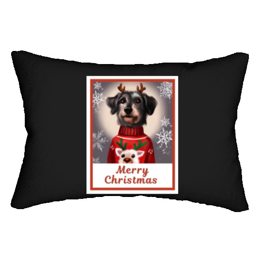 Miniature Black Schnauzer in a Christmas sweater. Lumbar Pillows