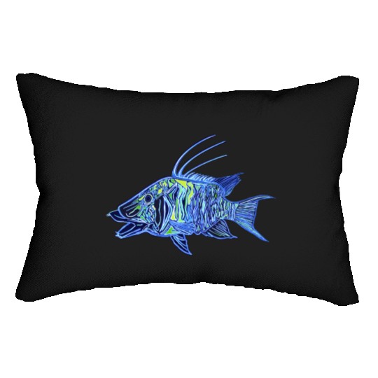 Neon blue green hogfish - funky fish designs Lumbar Pillows