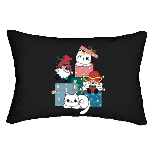 cute gnome and kitty cats on present gift box Lumbar Pillows