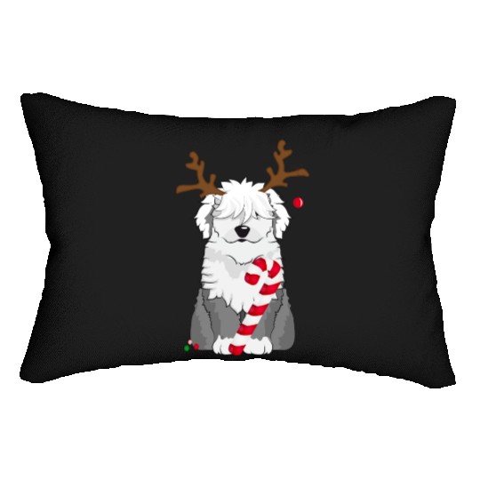 Bobtail dog with candy cane and reindeer antlers Lumbar Pillows