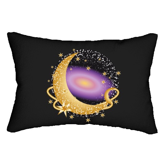 glowing violet galaxy with moon and stars Lumbar Pillows