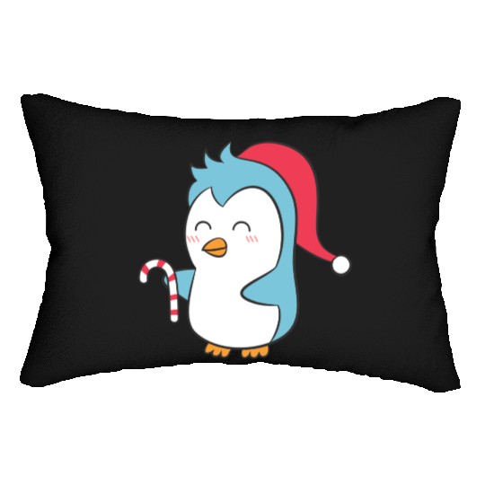 Cute Penguin with Christmas Hat and Candy Cane Lumbar Pillows